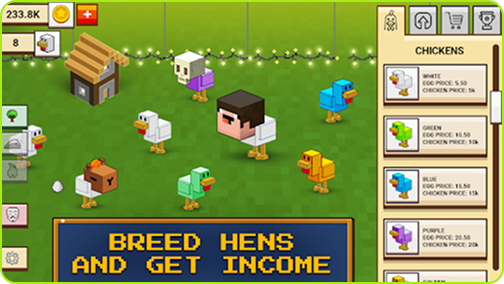 Noob's Chicken Farm gameplay showing chickens and farm